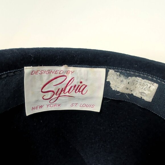 Vintage Silvia Hat Felt Stiff Blue Felt Feather Breton - Picture 8 of 11